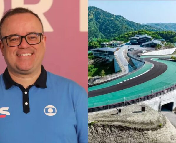 Narrador da f1 - Everaldo Marques, ao lado esquerdo a pista da F1 no Japão